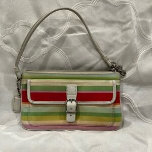 Coach Hamptom Clutch Bag Stripes Top Zip Front Pocket Leather Trim Date wristlet
